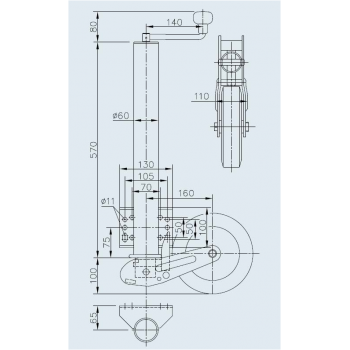 Stützrad 500 kg / Ø 60 mm / Hub 335 mm, Rad 225x65